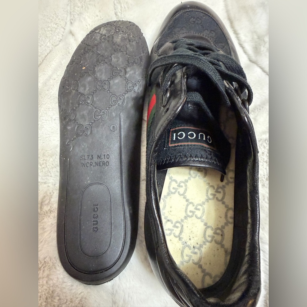 Gucci Ace Black Leather Canvas Signature Red Stripe Low Tennis Sneakers 10.5 - Picture 15 of 16